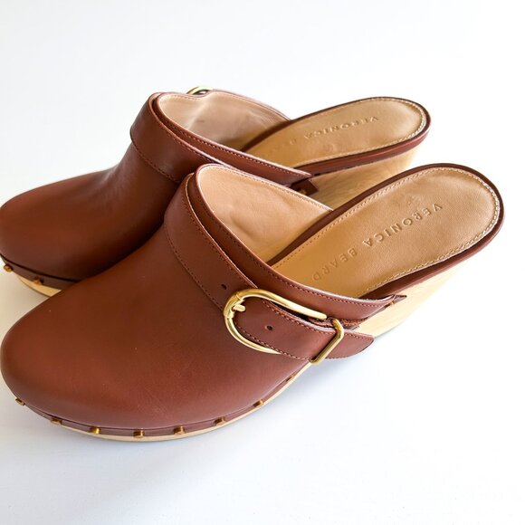 Veronica Beard Hendrix Hazelwood Brown Leather Studded High Heel Clogs 8.5 - Picture 2 of 8